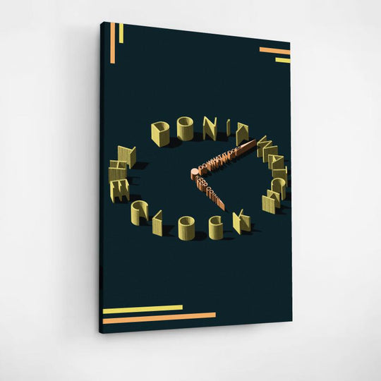 Motivational canvas wall art with a 3D clock-shaped “Don’t Watch the Clock – Keep Going” quote in a minimalist design.
