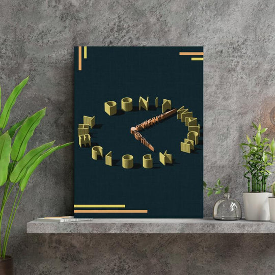 Motivational office wall art with “Don’t Watch the Clock” text shaped like a clock, a focused quote print by Mindset Walls.