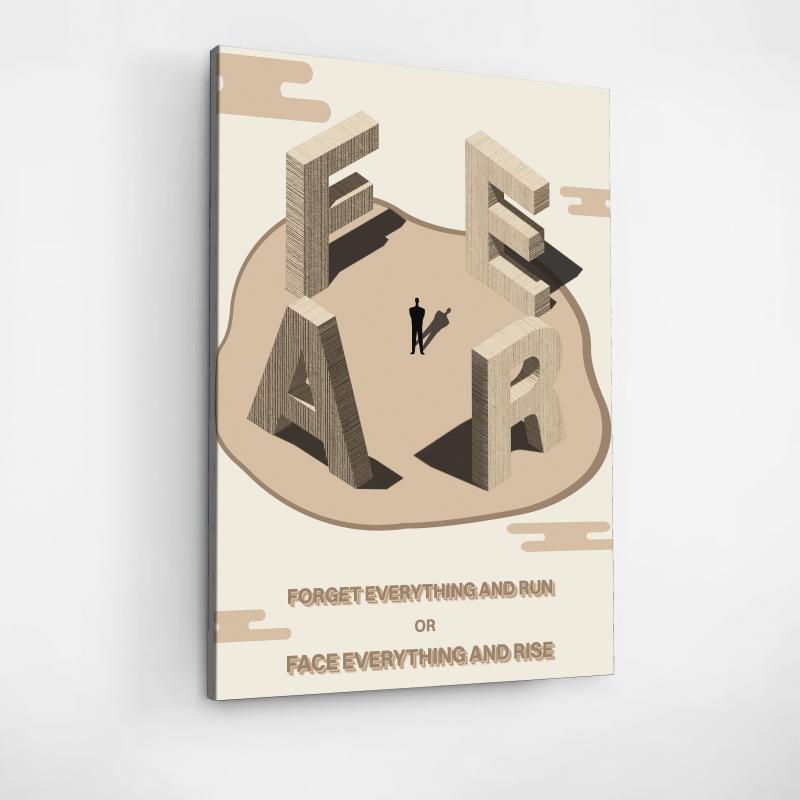 Motivational canvas wall art with 3D FEAR lettering around a figure and a courage quote in a minimalist design.