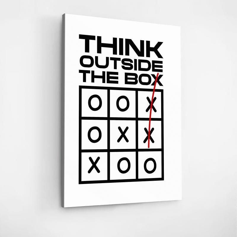 Front view of motivational canvas wall art with a minimalist tic-tac-toe pattern and “Think Outside the Box” text.