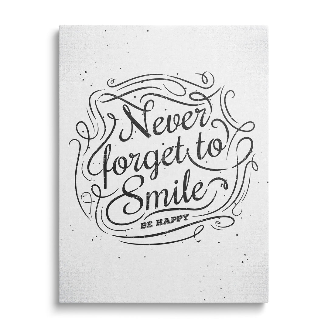 Motivational canvas print with the black-and-white quote “Never forget to smile – be happy” in a minimalist design