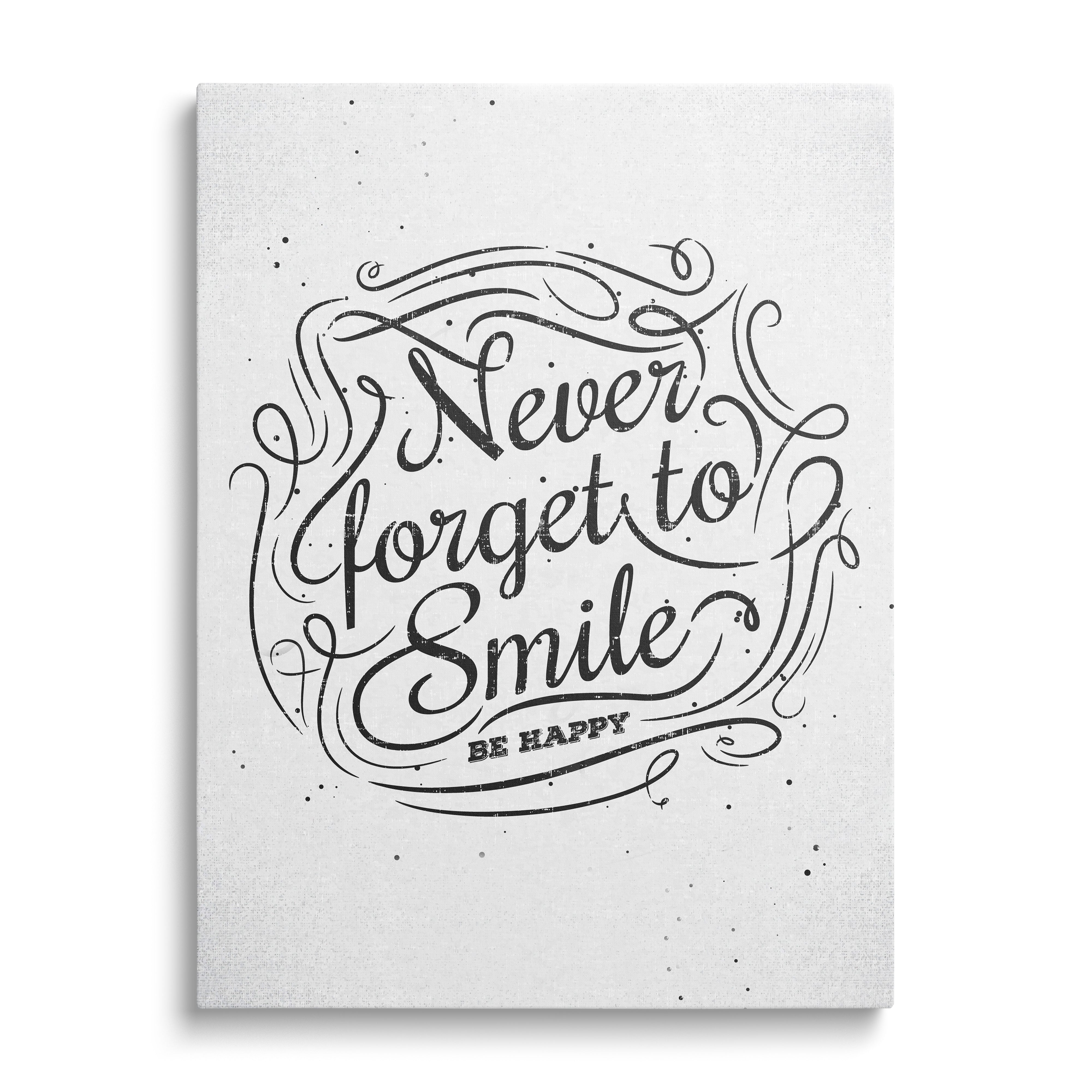 Motivational canvas print with the black-and-white quote “Never forget to smile – be happy” in a minimalist design