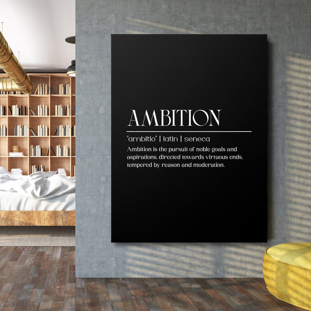 Black and white motivational wall art with a typographic quote in an industrial living room