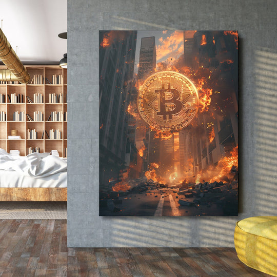 Motivational wall art with burning Bitcoin in an apocalyptic city, dark cryptocurrency motif