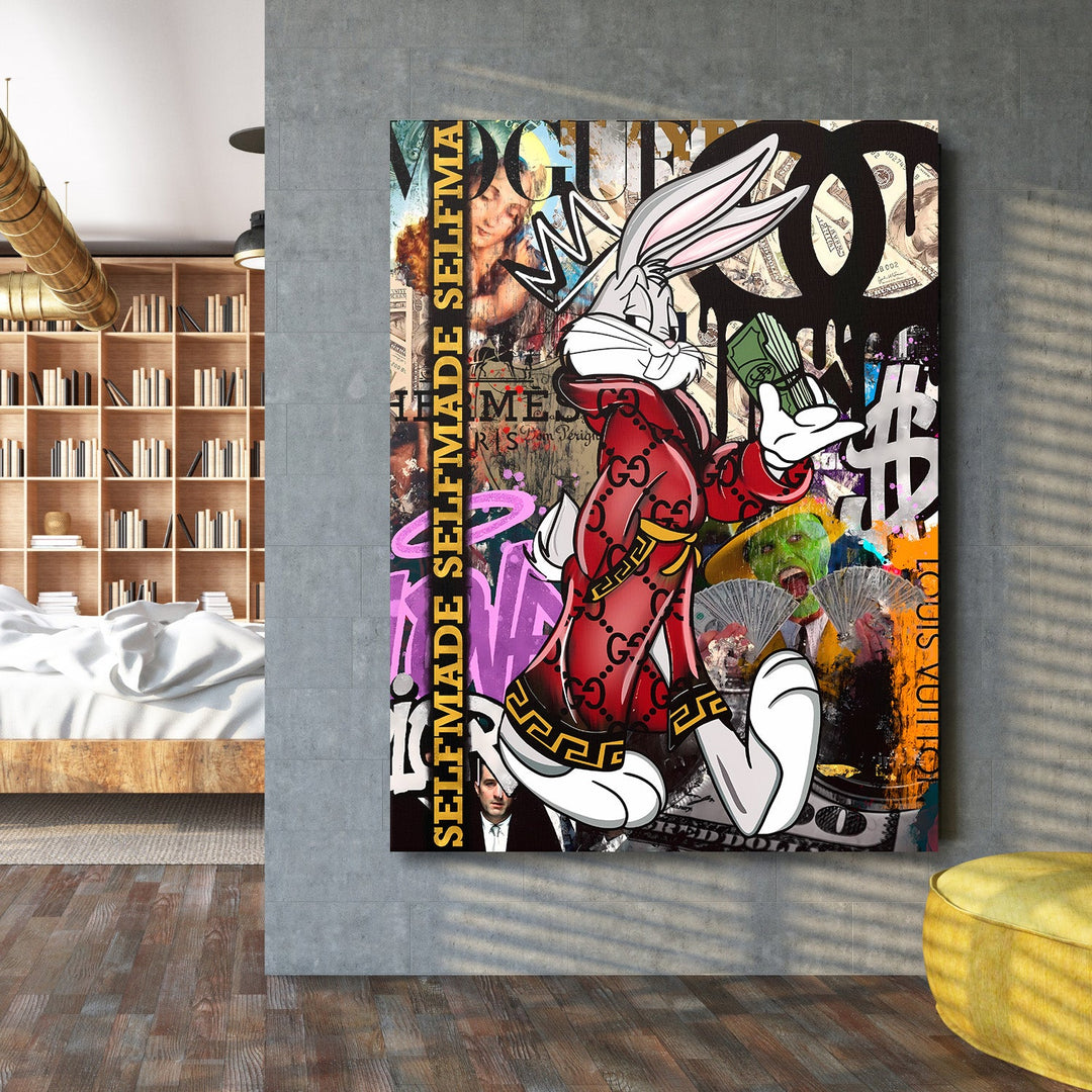 Motivational pop art wall art with a rabbit in Gucci and a stack of dollars in a living room