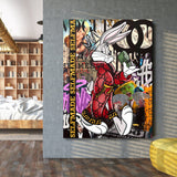 Motivational pop art wall art with a rabbit in Gucci and a stack of dollars in a living room