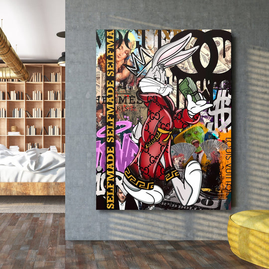 Motivational pop art wall art with a rabbit in Gucci and a stack of dollars in a living room
