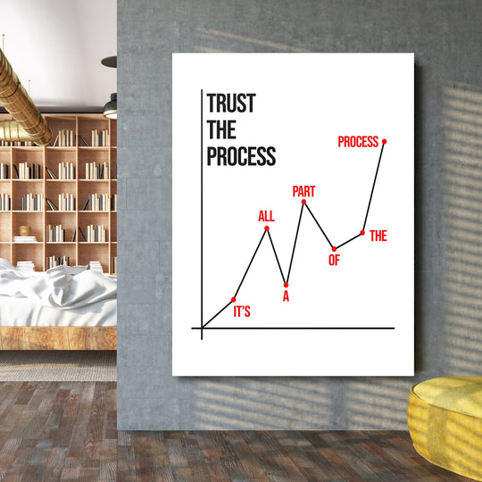 Motivational canvas print for a living room with a minimalist chart and the quote “Trust the Process”
