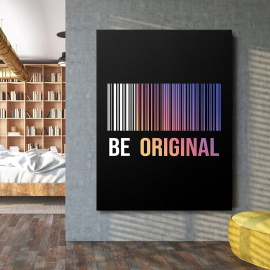 Motivational wall art with a gradient barcode motif and “Be Original” text in an industrial living room