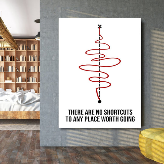 Motivational wall art in a living room with a minimalist red spiral, dotted axis and quote about the journey