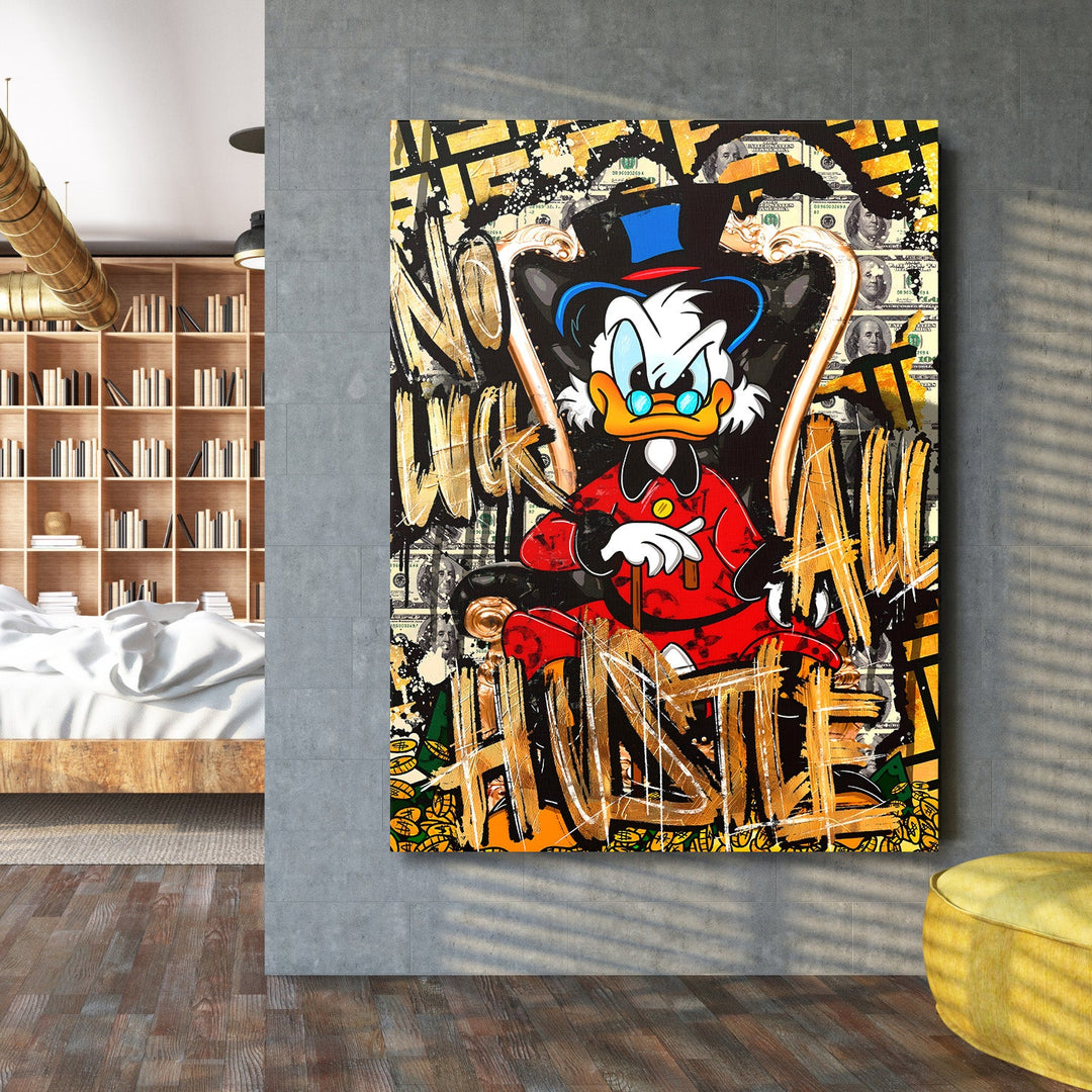 Pop art wall art of Scrooge McDuck with money graffiti and gold accents as motivational art for a modern interior