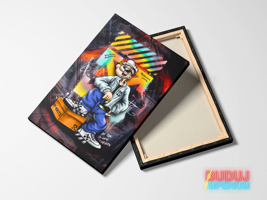 Motivational canvas wall art with a pop art sailor on an Off-White crate, graffiti background and dollar motif.