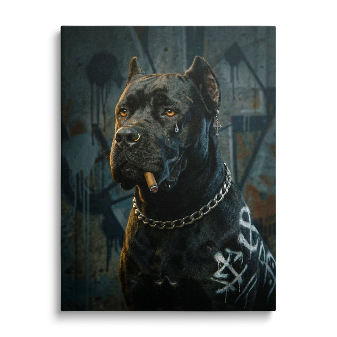 Motivational canvas print of a black dog with a cigar and chain in front of a colorful graffiti street art background