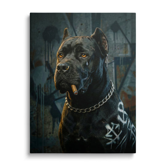 Motivational canvas print of a black dog with a cigar and chain in front of a colorful graffiti street art background