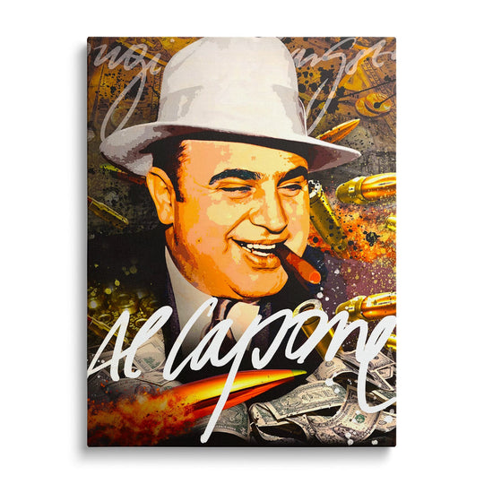 Motivational pop art canvas print with Al Capone, a cigar, money and bullet holes