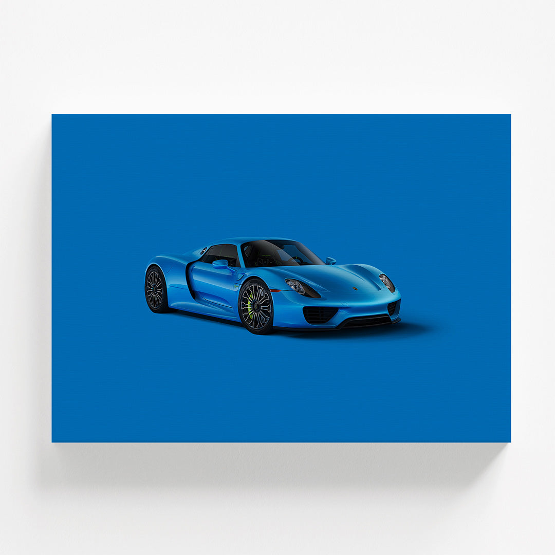 Motivational wall art with a blue supercar from the front on a blue background, automotive wall art