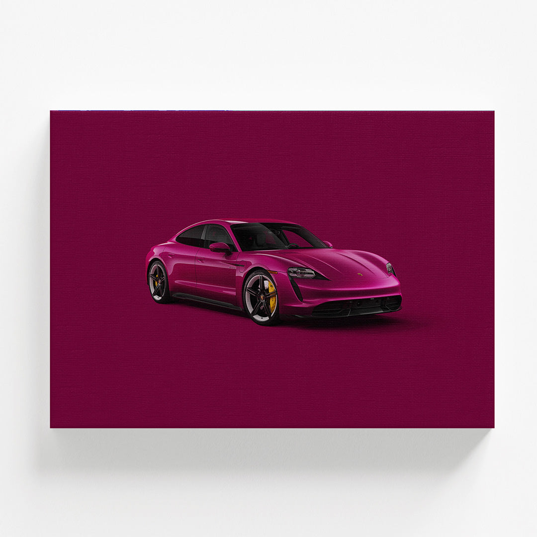 Modern wall art, front view of a luxury sports car on a purple minimalist background