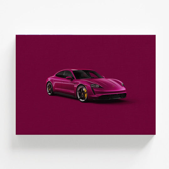 Modern wall art, front view of a luxury sports car on a purple minimalist background