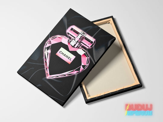 Pop art canvas wall art with a pink heart-shaped perfume bottle shown from the front and back.