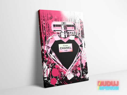 Pop art wall art with a pink heart-shaped perfume bottle and a motivational graffiti wall decor motif.