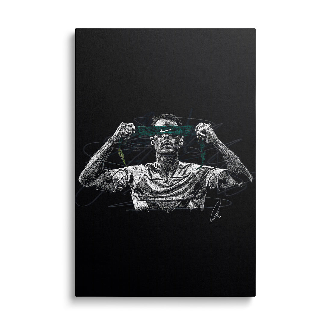 Motivational canvas wall art with a minimalist white-and-green front-view sketch of a tennis player tying a Nike headband.