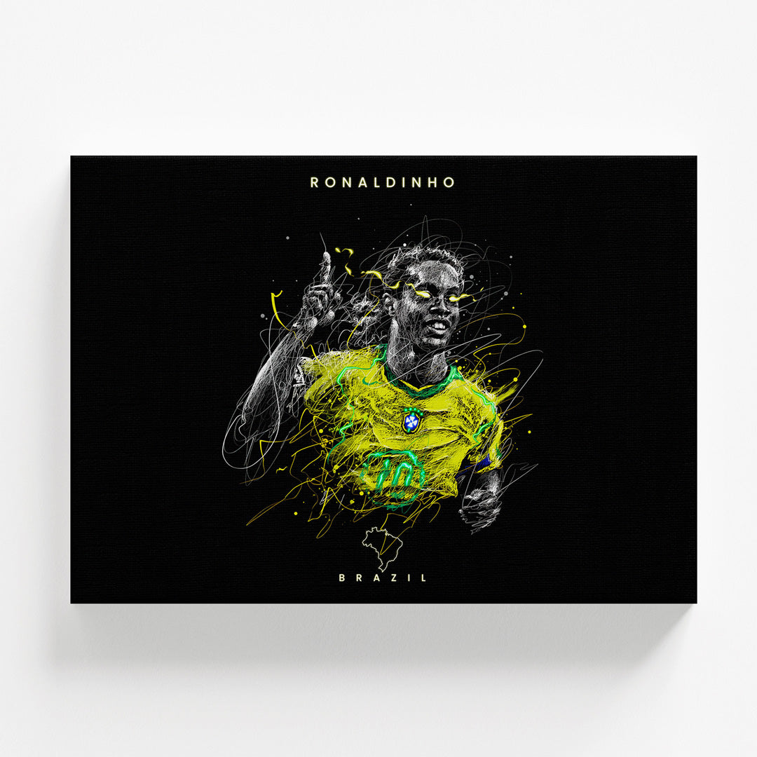 Motivational wall art of Ronaldinho in a Brazil jersey, dynamic football pop art portrait