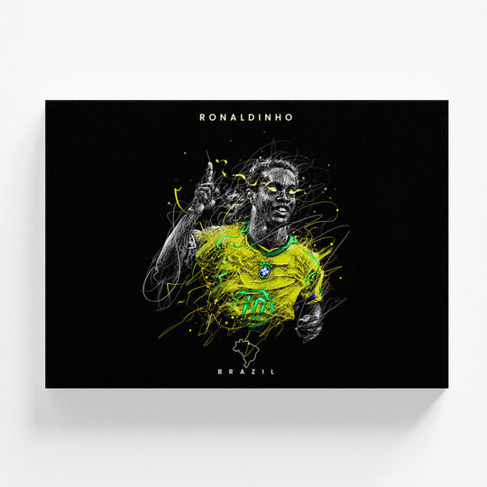 Motivational wall art of Ronaldinho in a Brazil jersey, dynamic football pop art portrait