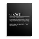 Growth motivational canvas print with white typography on a black background, minimalist front view