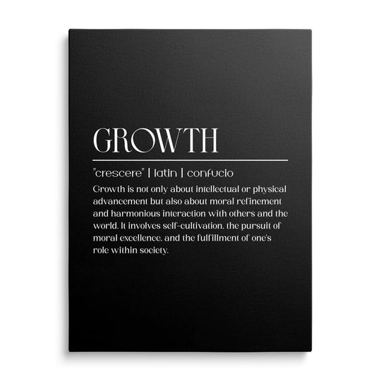 Growth motivational canvas print with white typography on a black background, minimalist front view