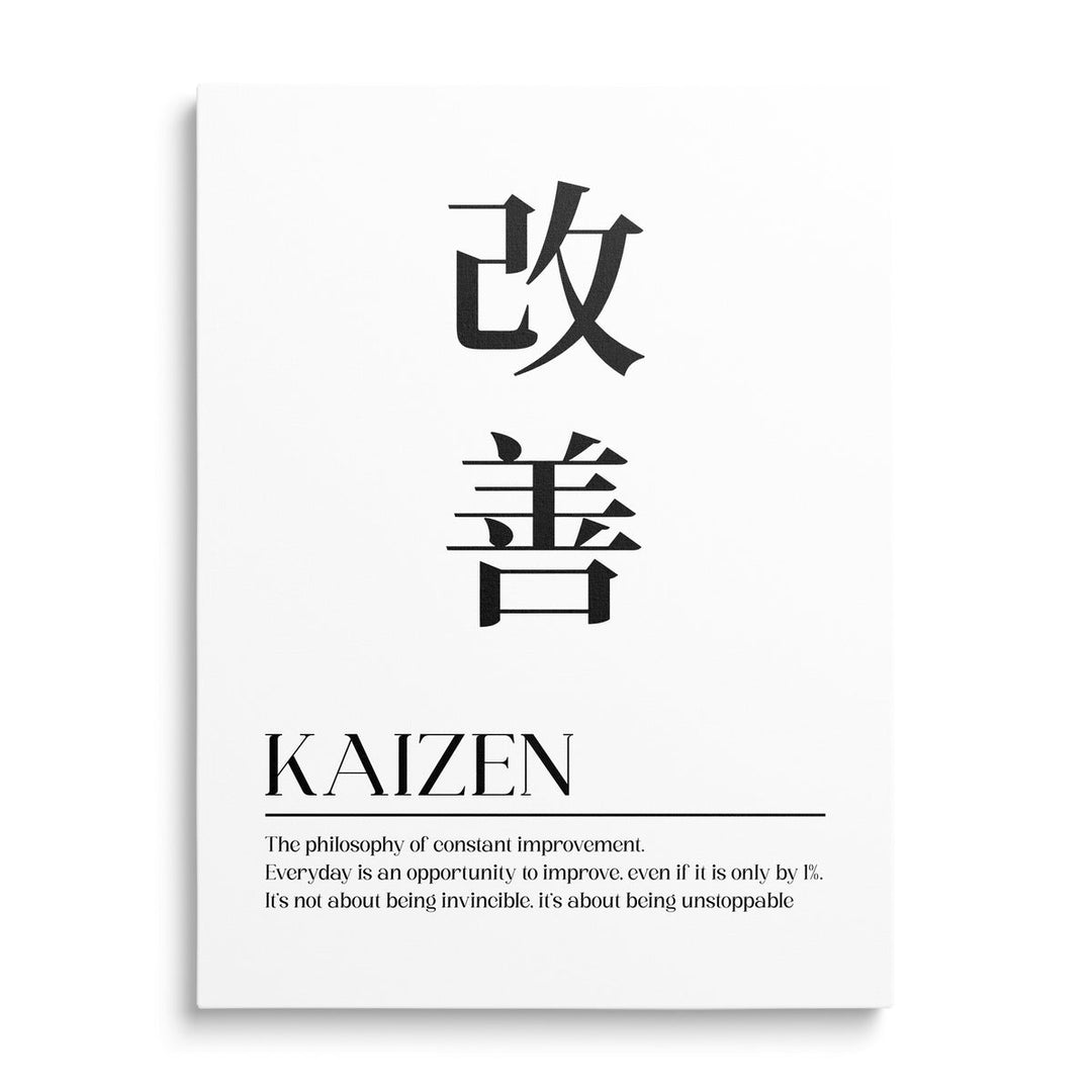 Kaizen motivational canvas print with black and white minimalism, Japanese characters and an inspiring quote