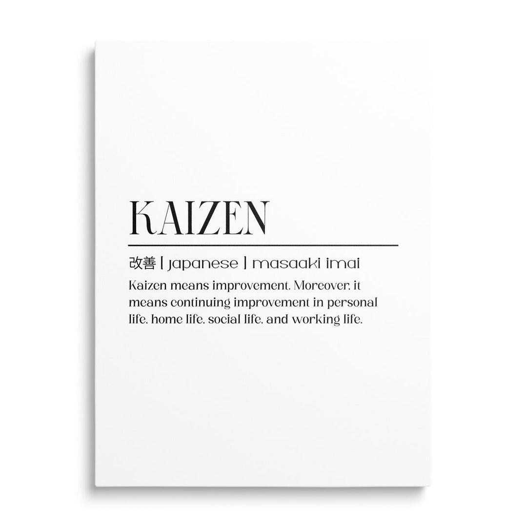 Kaizen motivational canvas print with a minimalist quote about gradual life improvement, front view