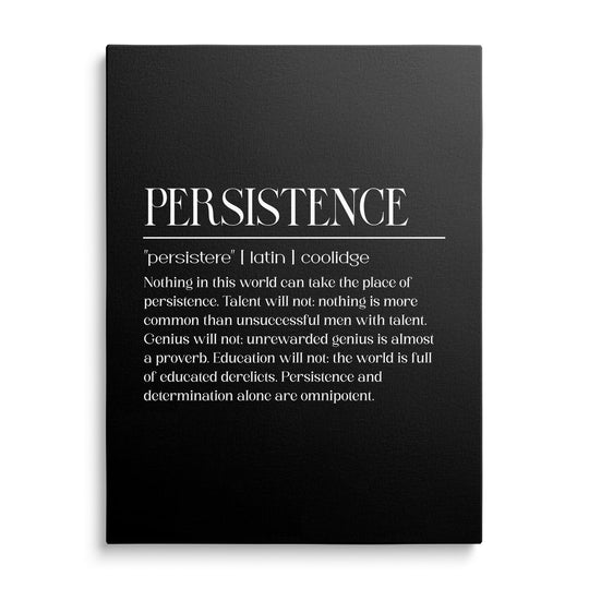 Front-view modern motivational canvas print with a white Persistence quote and Latin text