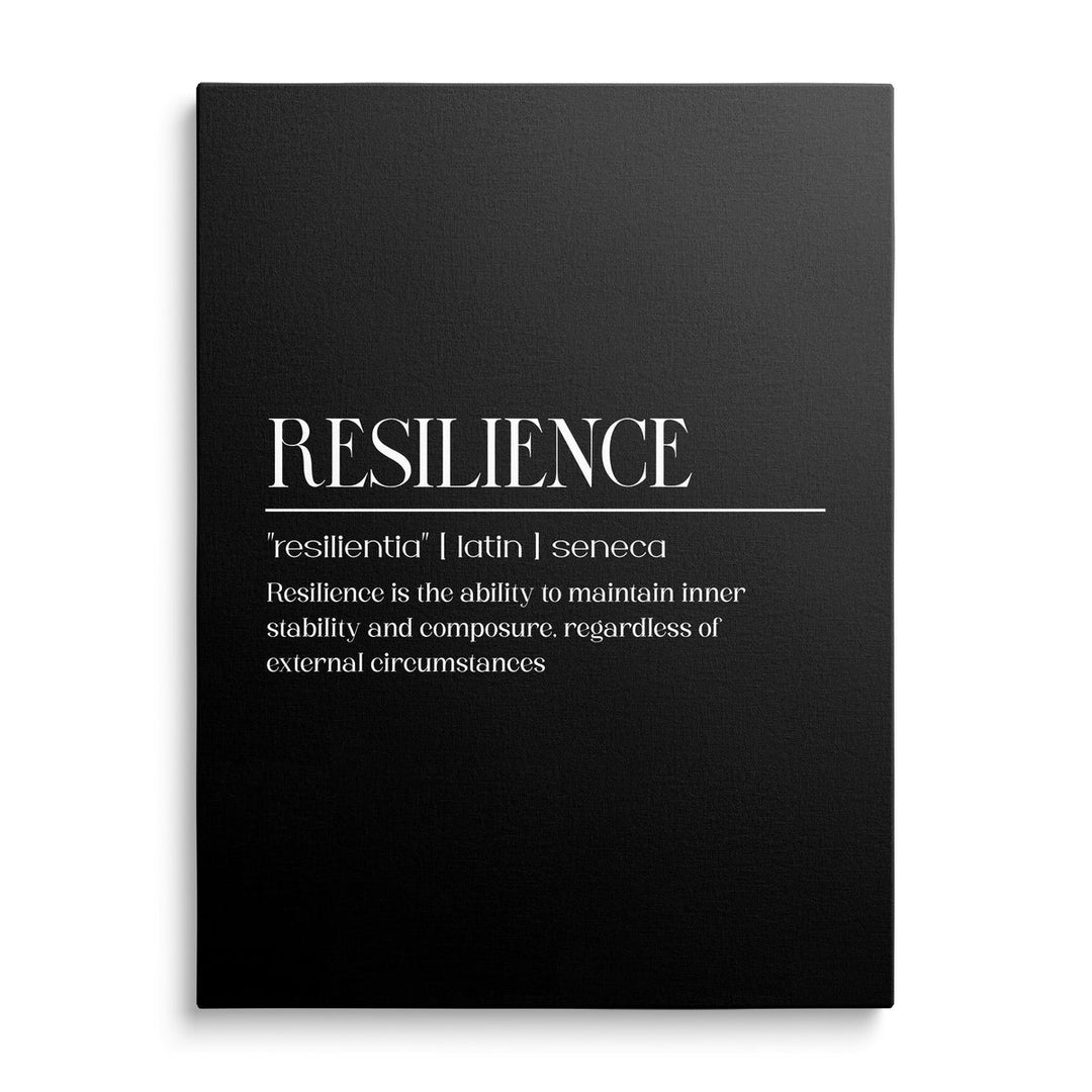 Motivational canvas print with a black-and-white Resilience title and a Seneca quote in a clean minimalist design