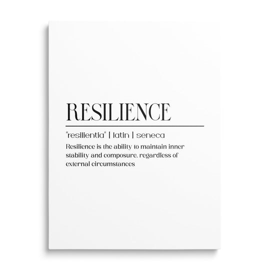 Front-view RESILIENCE motivational canvas print with black lettering and a Latin Seneca quote in a minimalist style
