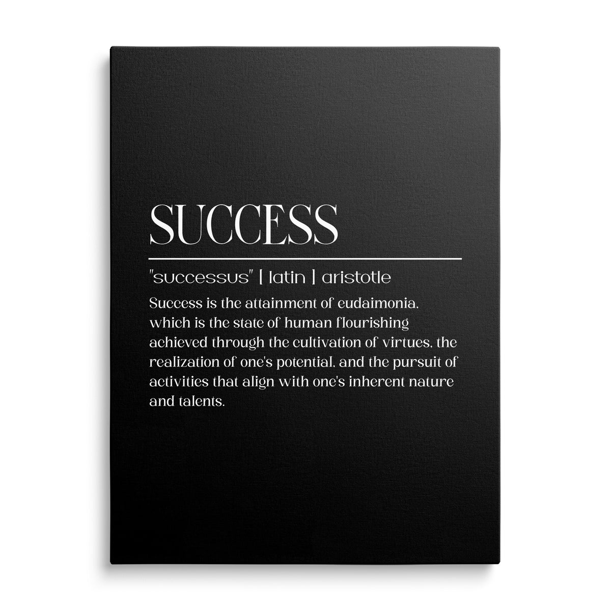 Motivational canvas print with a white Aristotle quote about success on a black minimalist background