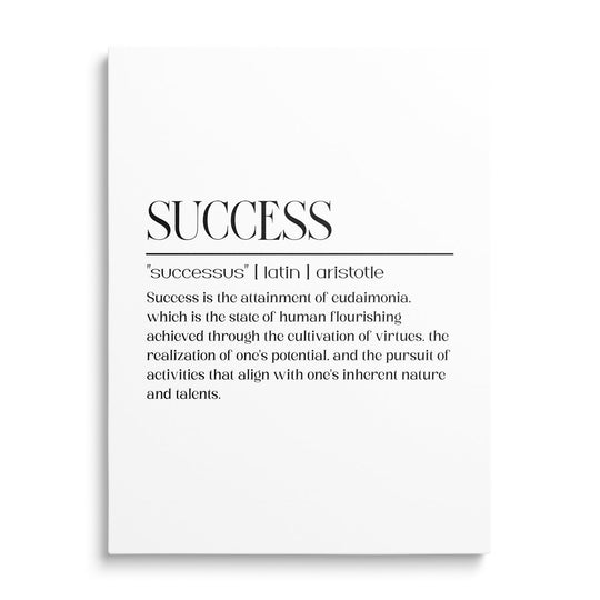 SUCCESS motivational canvas print with black-and-white typography, a Latin Aristotle quote and a definition of success
