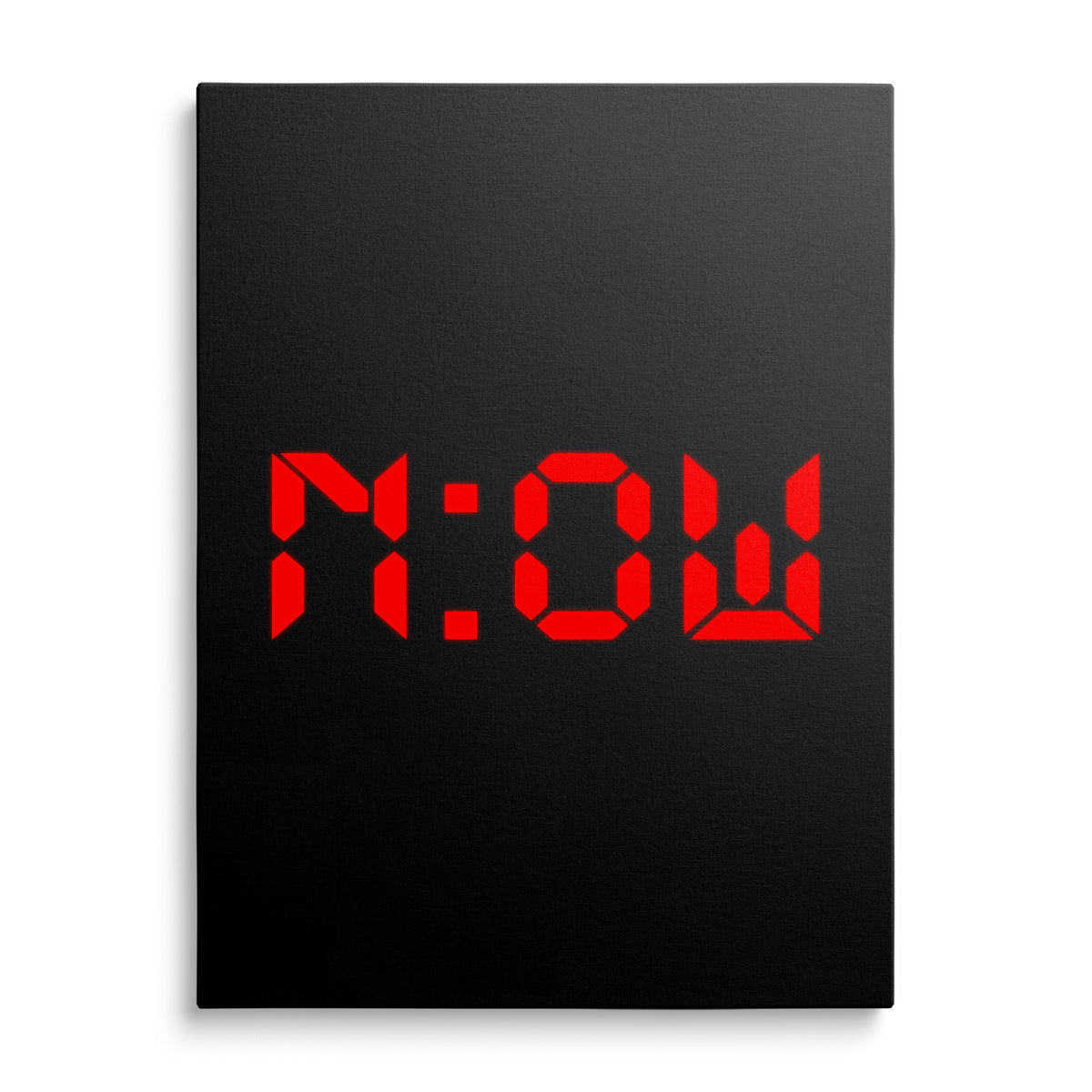 Front-view motivational canvas print with red NOW lettering on a black background, modern minimalist style