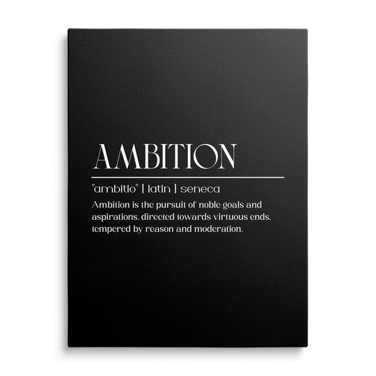 Front view of a motivational canvas print with a black background and white Seneca quote
