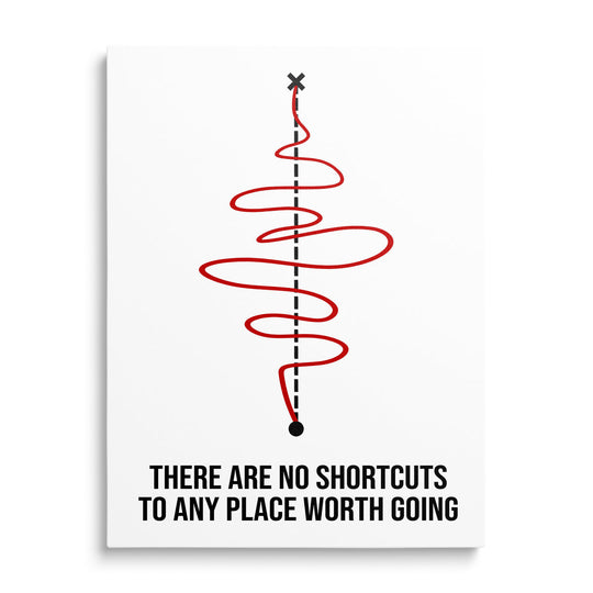 Motivational canvas print with a black dashed axis, red zigzag curve and English quote, front view