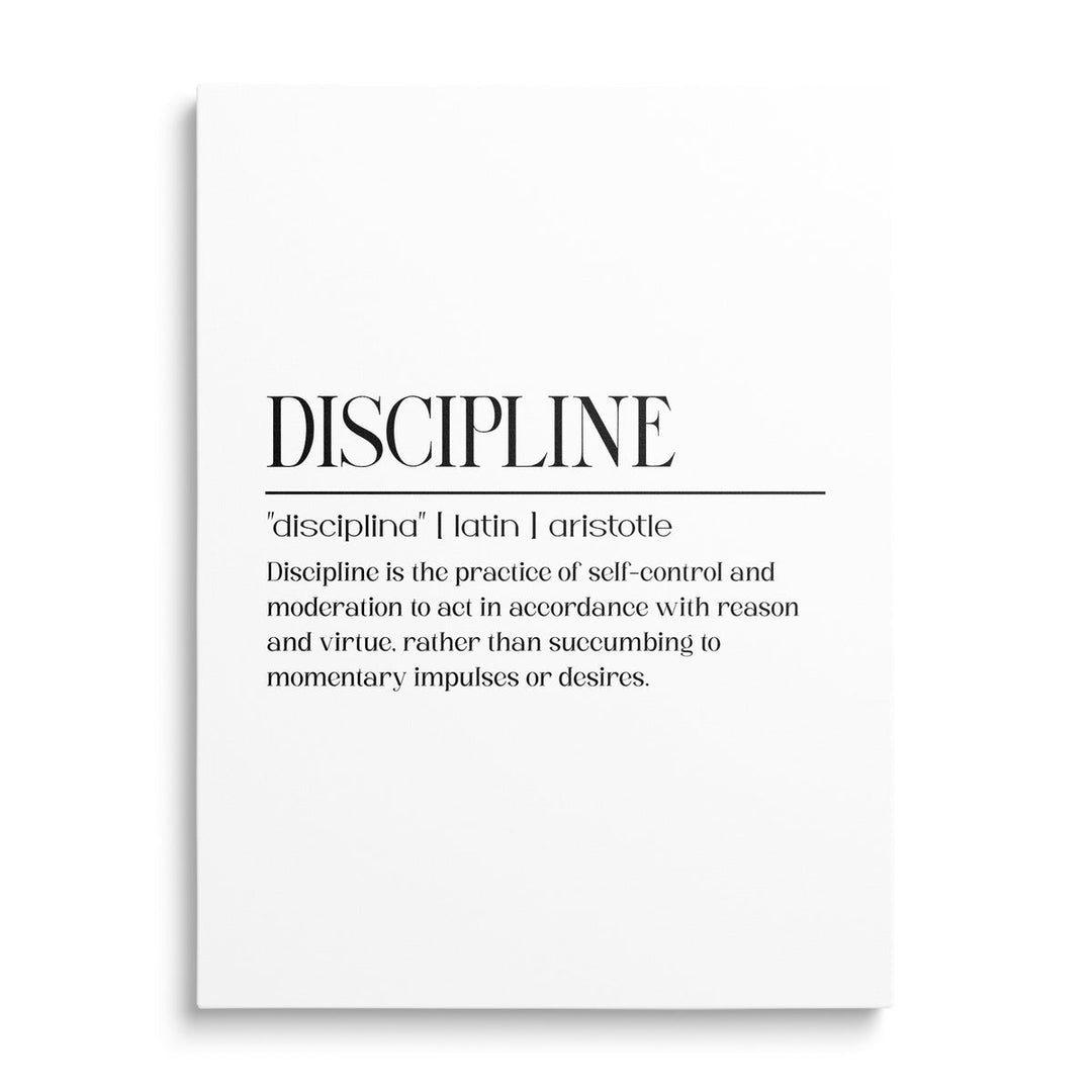 DISCIPLINE motivational canvas print with minimalist typography and definition in a modern typographic design, front view
