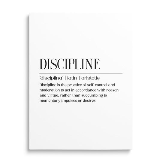 DISCIPLINE motivational canvas print with minimalist typography and definition in a modern typographic design, front view