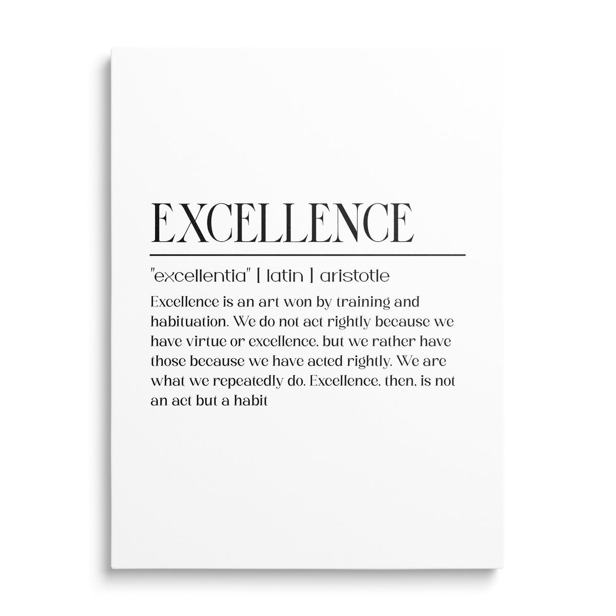 Motivational canvas print with a black and white Aristotle quote about the habit of excellence in a clean minimalist design