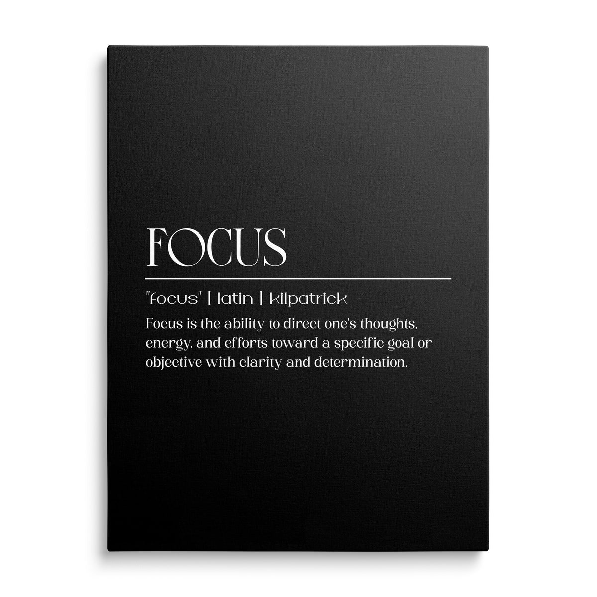 FOCUS motivational canvas print with white typography on a black minimalist background