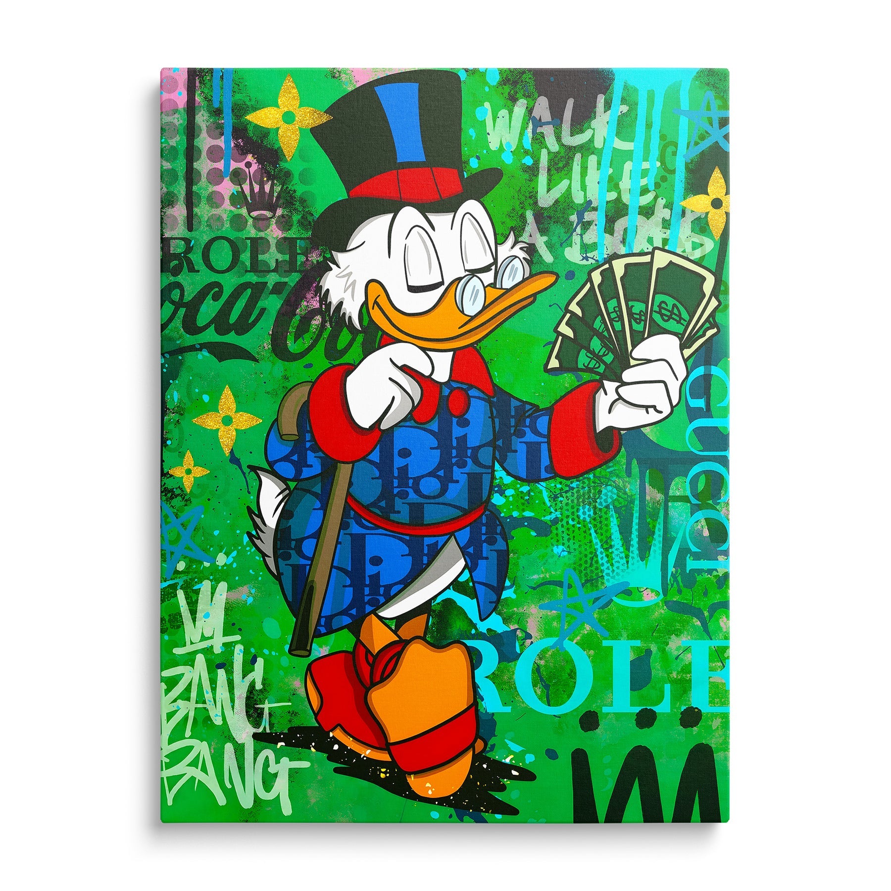 Motivational canvas wall art with Scrooge McDuck holding money in pop art graffiti style
