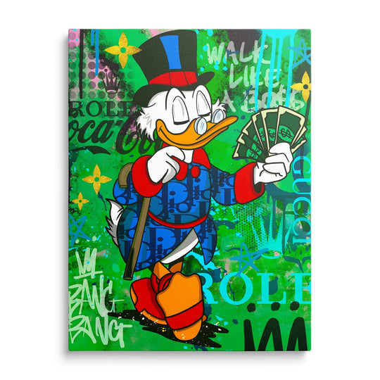 Motivational canvas wall art with Scrooge McDuck holding money in pop art graffiti style