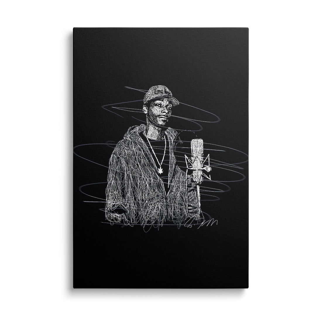 Motivational canvas wall art with a minimalist front-view street art portrait of a hooded rapper at a microphone.