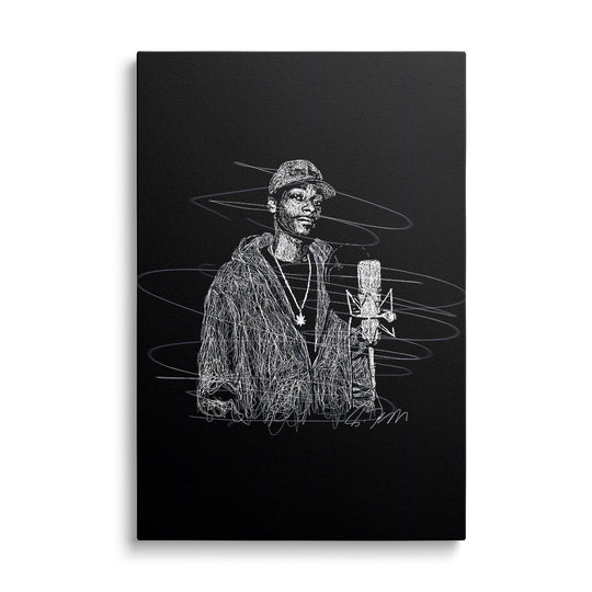 Motivational canvas wall art with a minimalist front-view street art portrait of a hooded rapper at a microphone.