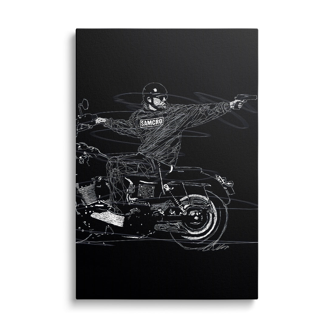 Motivational canvas wall art with black-and-white street art of a front-view biker aiming a gun.