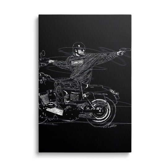 Motivational canvas wall art with black-and-white street art of a front-view biker aiming a gun.