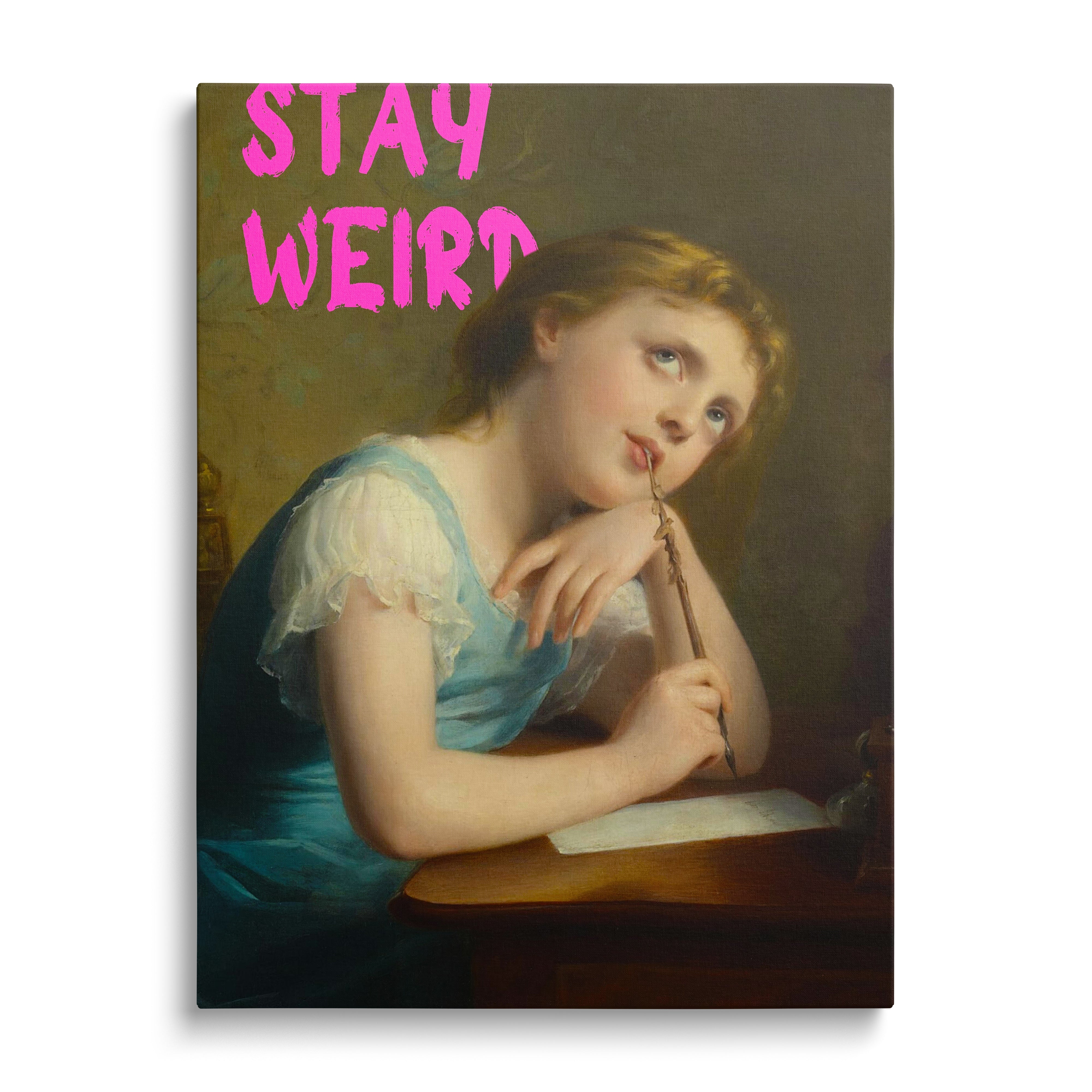Motivational pop art canvas wall art with a girl at a writing desk and pink retro-style lettering